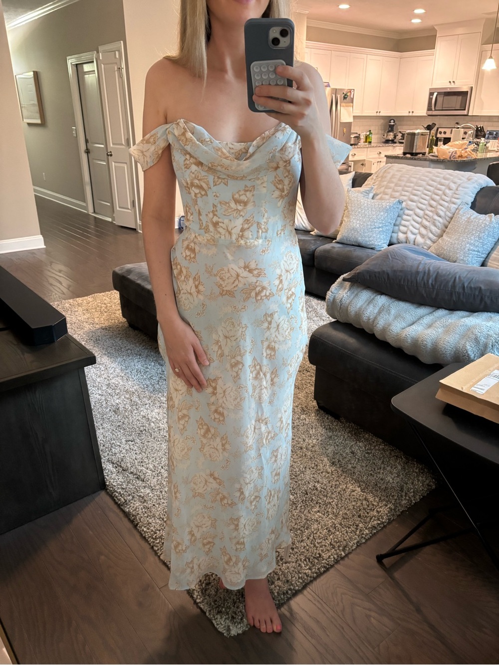 Park & Fifth One-Shoulder Floral Maxi Dress in Light Blue and Cream